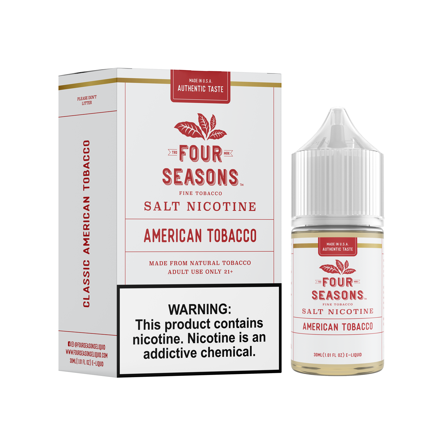 Four Seasons SALTS E-Liquid - American Tobacco, 30mL with Packaging