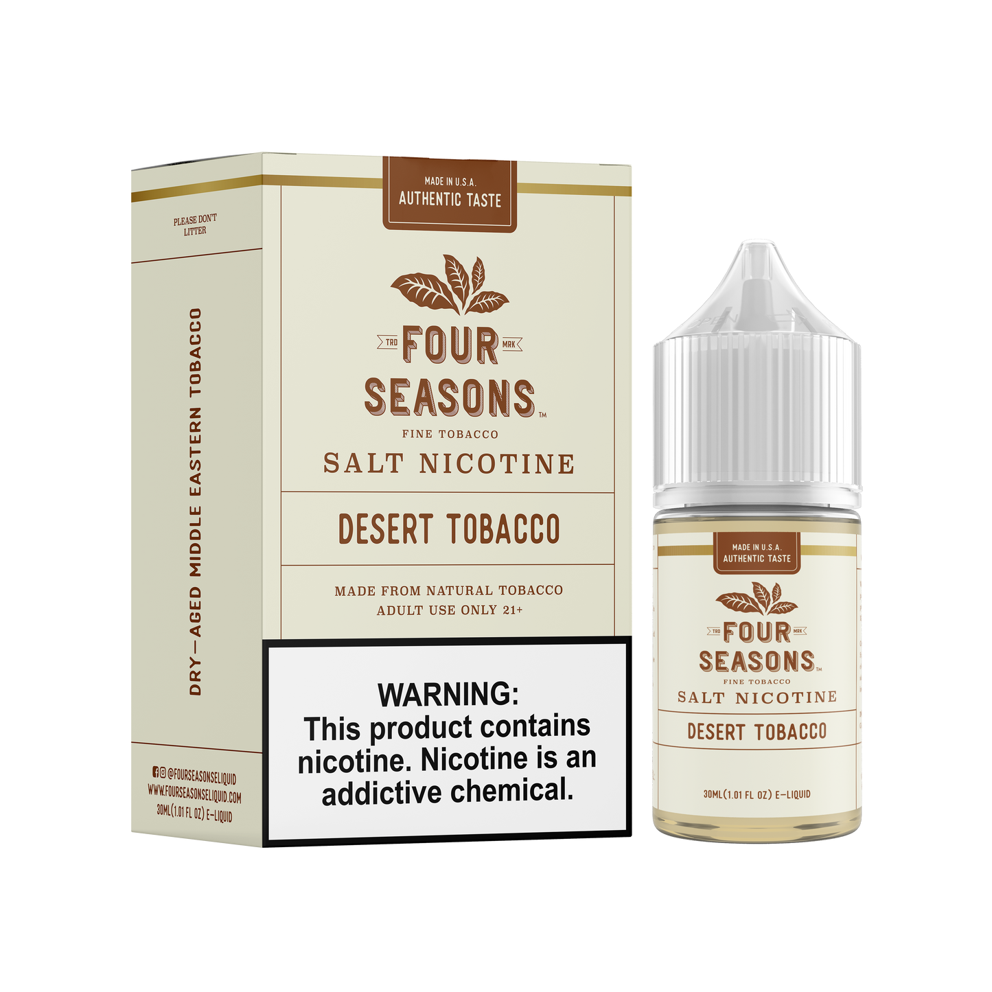 Four Seasons SALTS E-Liquid - Desert Tobacco, 30mL with Packaging