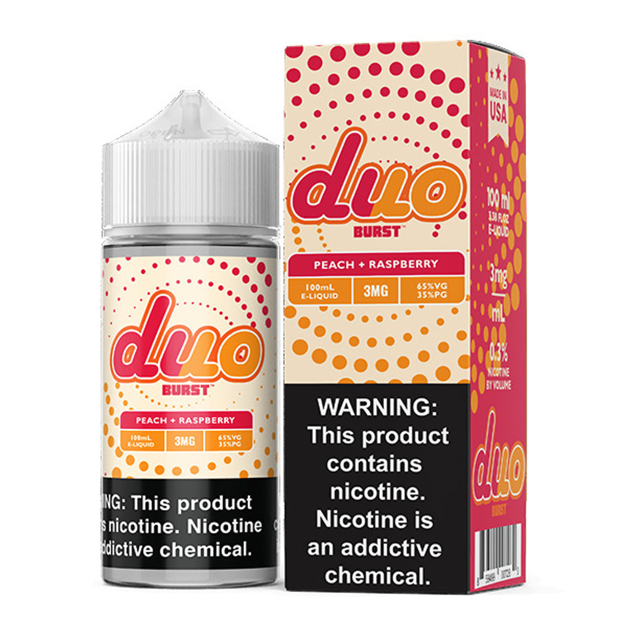 Burst Duo Series E-Liquid | 100mL | 3mg | Freebase | Peach Raspberry with packaging