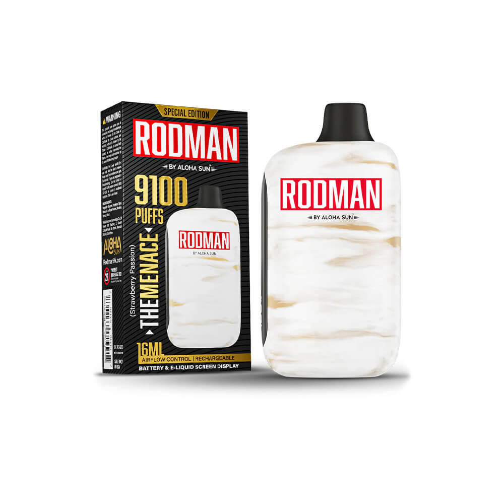 Aloha Sun Rodman Disposable | 9100 Puffs | 16mL | 50mg | The Menance Strawberry Passion with packaging