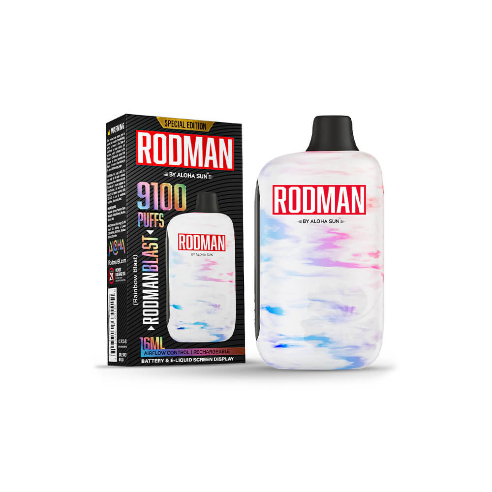 Aloha Sun Rodman Disposable | 9100 Puffs | 16mL | 50mg | Rodman Blast Rainbow Blast with packaging