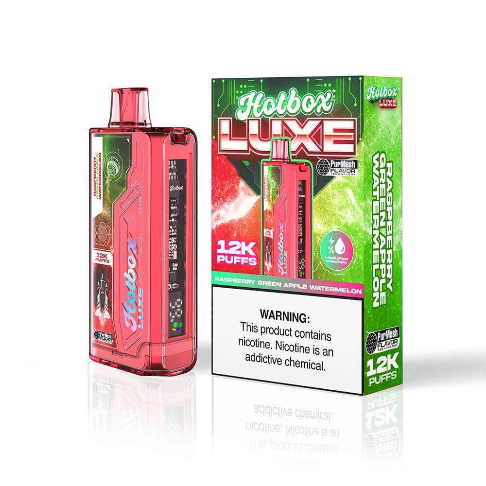 Puff HotBox Luxe Disposable | 12000 puffs | 20mL | 50mg | Raspberry Green Apple Watermelon with packaging
