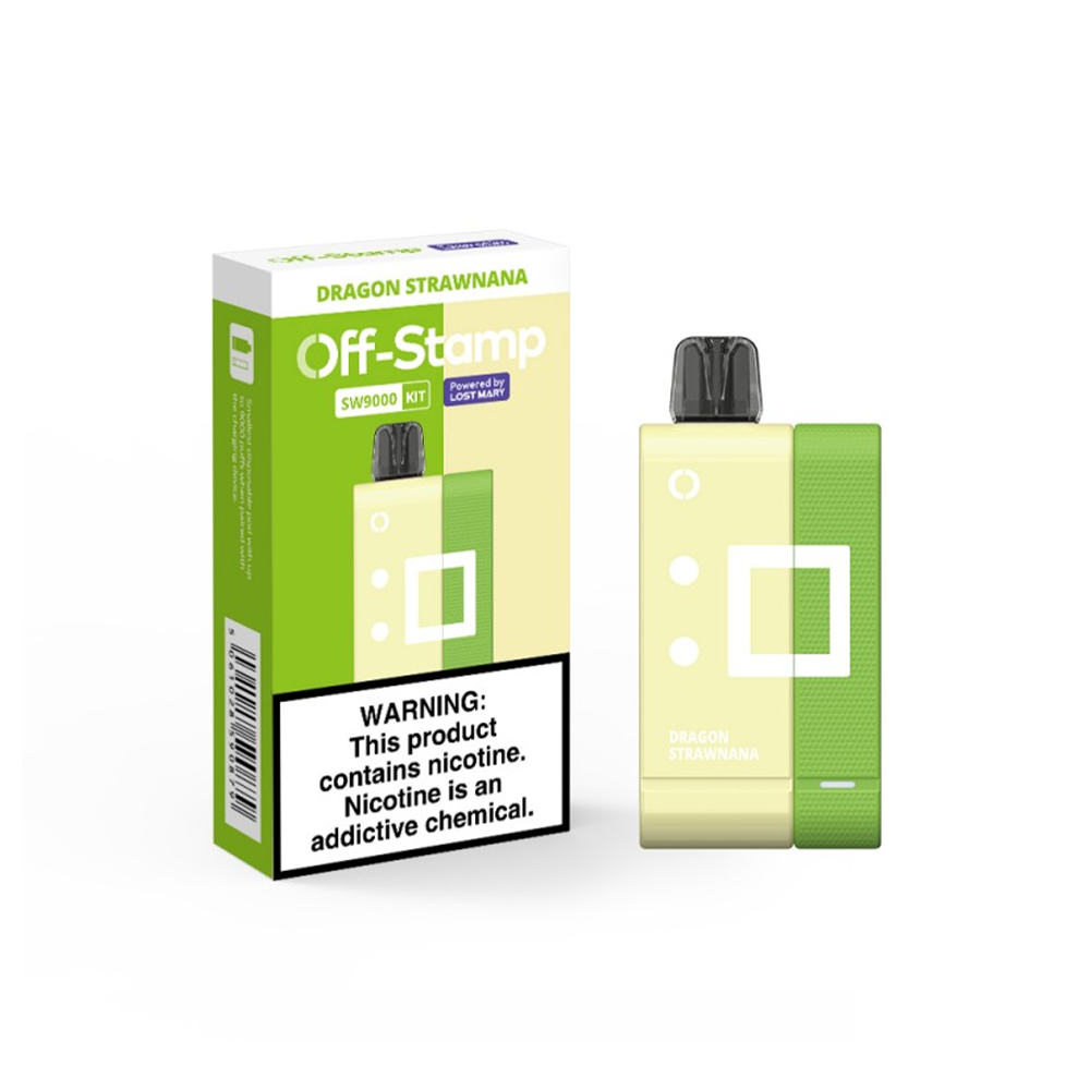 Off Stamp Disposable Kit | 9000 Puffs | 13mL | 50mg | (Disposable + Power Dock) | Dragon Strawnana with packaging