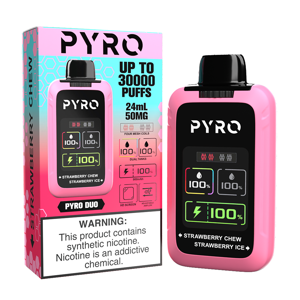 Pyro Duo Disposable | 30000 Puffs | 24mL | 50mg | Strawberry Chew / Strawberry Ice with packaging