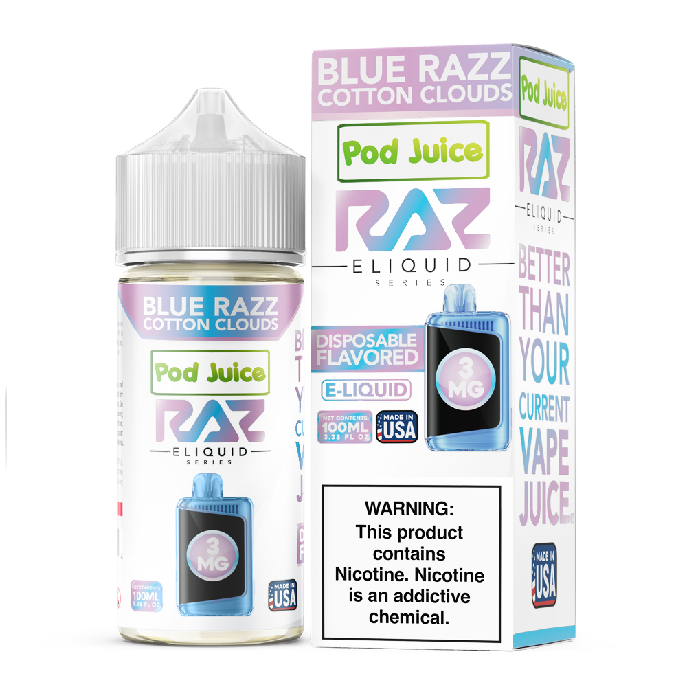 Blue Razz Cotton Clouds by Pod Juice x RAZ by 100mL (Freebase) 3mg bottle with packaging