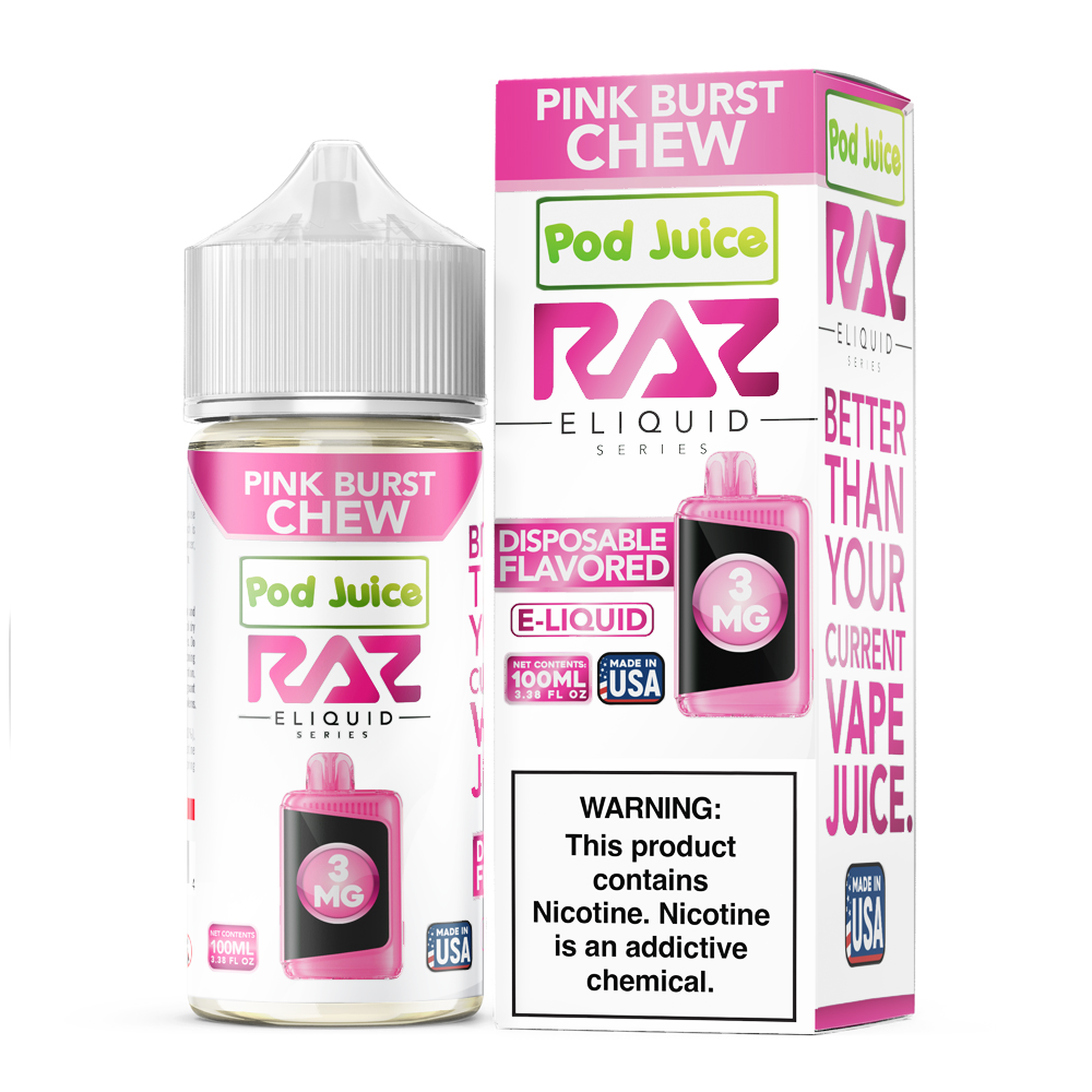 Pink Burst Chew by Pod Juice x RAZ 100mL (Freebase) 3mg bottle with packaging