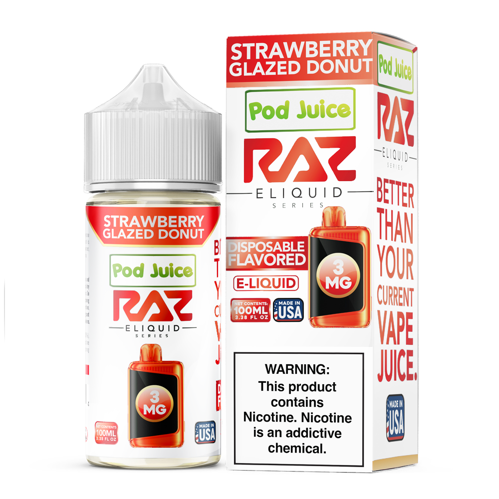 Strawberry Glazed Donut by Pod Juice x RAZ 100mL (Freebase)3mg bottle with packaging