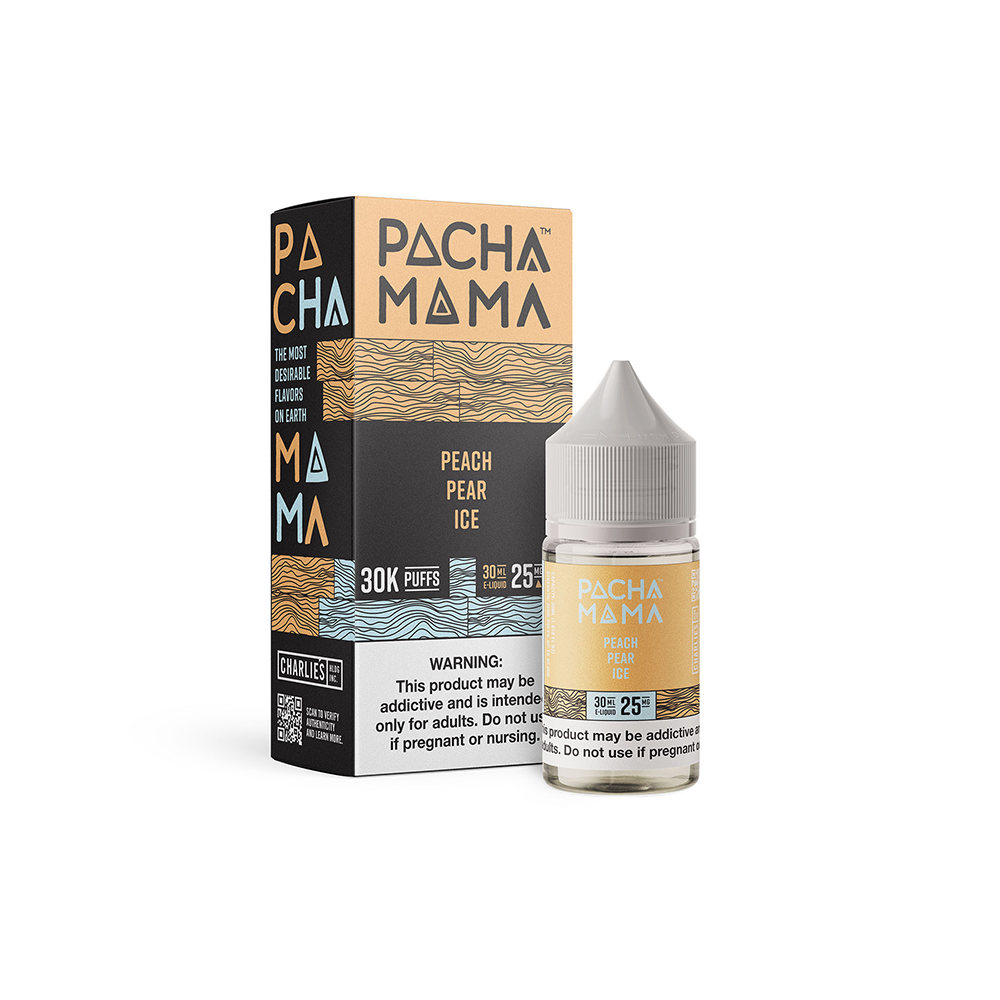 Pachamama SALTS E-Liquid - Peach Pear Ice, 30mL with packaging