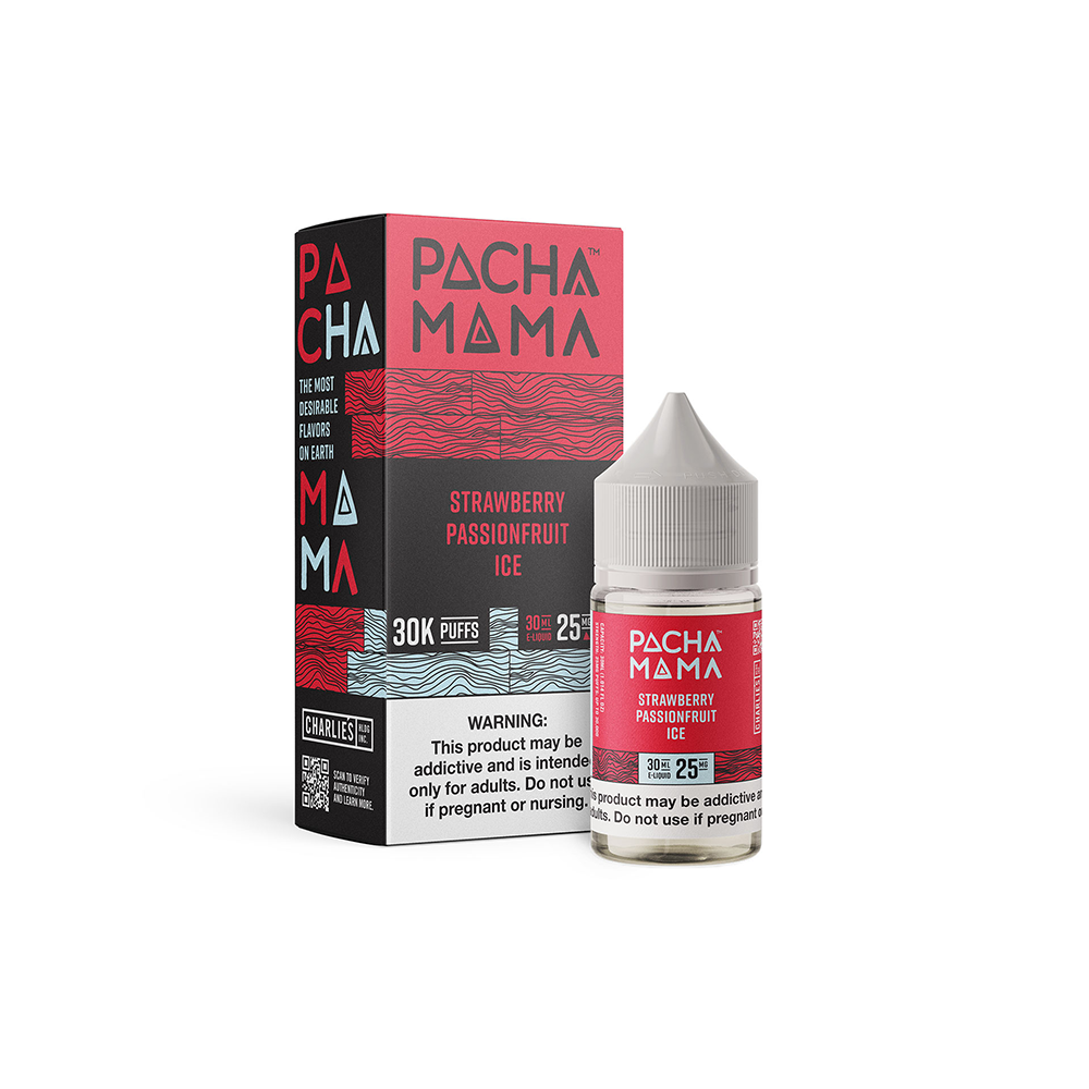 Pachamama SALTS E-Liquid - Strawberry Passionfruit Ice, 30mL with packaging