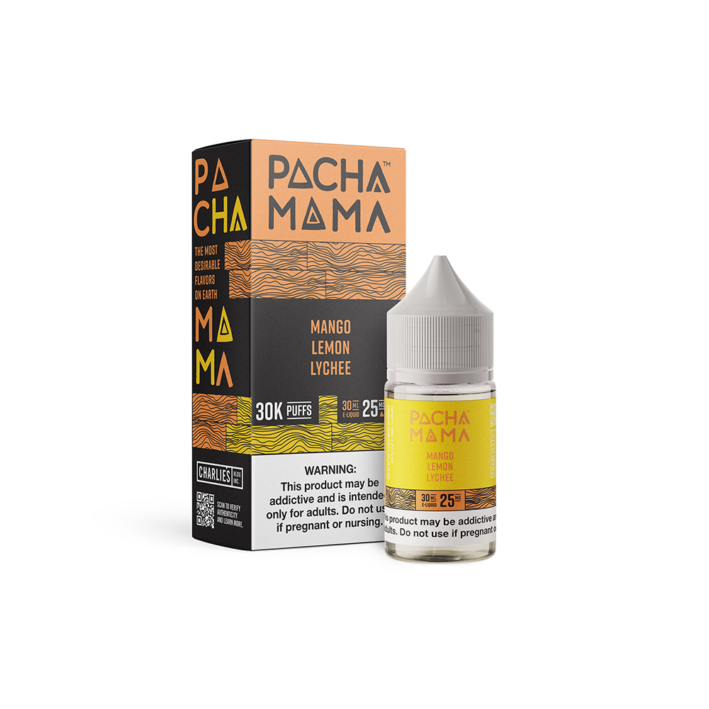 Pachamama SALTS E-Liquid - Mango Lemon Lychee, 30mL with packaging