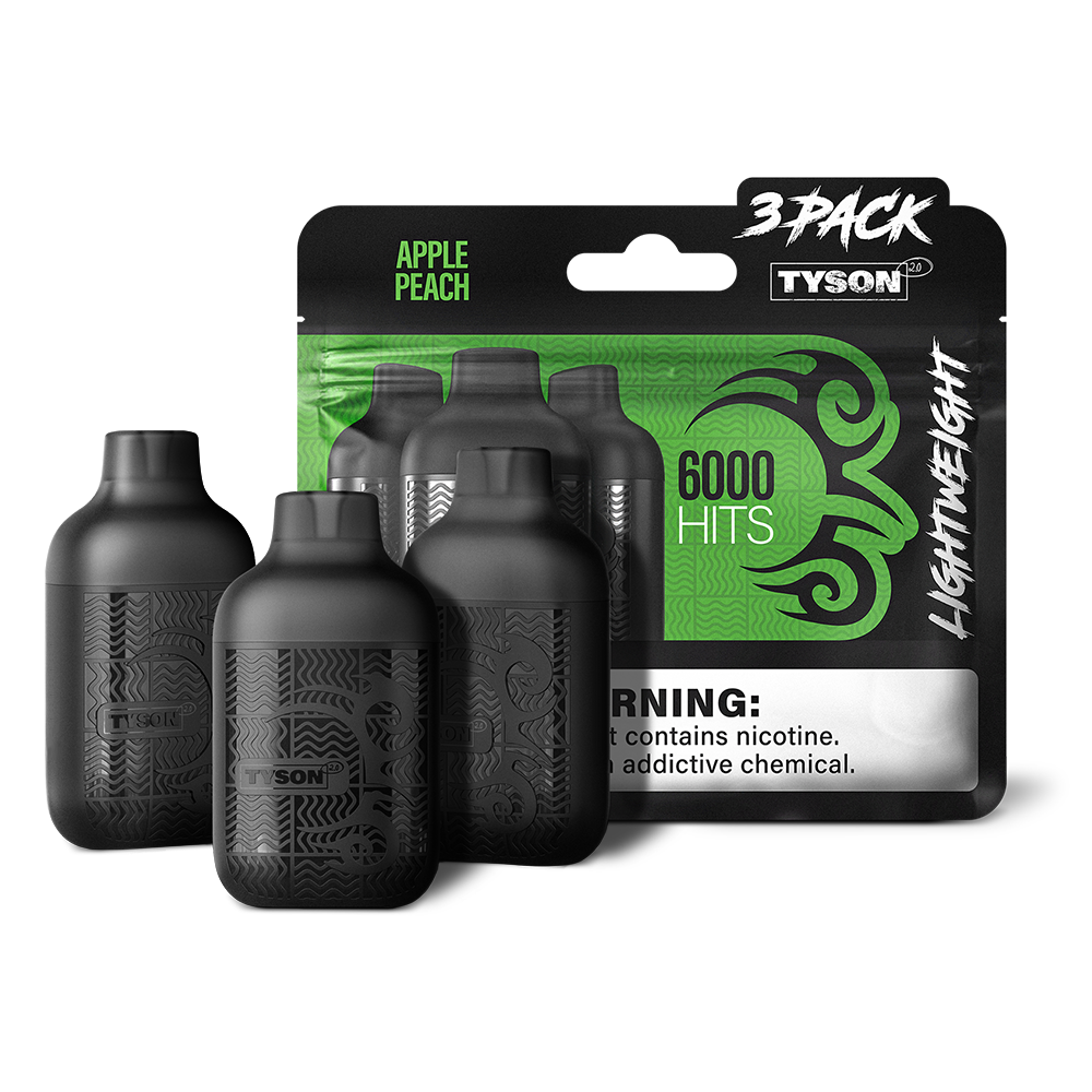 Tyson 2.0 Lightweight Disposable | 6000 Puffs | 50mg | (12mL 3-Pack) | Apple Peach with packaging