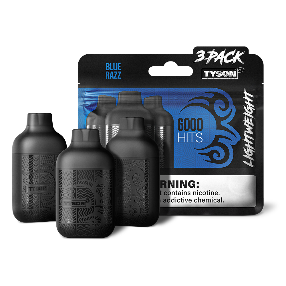 Tyson 2.0 Lightweight Disposable | 6000 Puffs | 50mg | (12mL 3-Pack) | Blue Razz with packaging