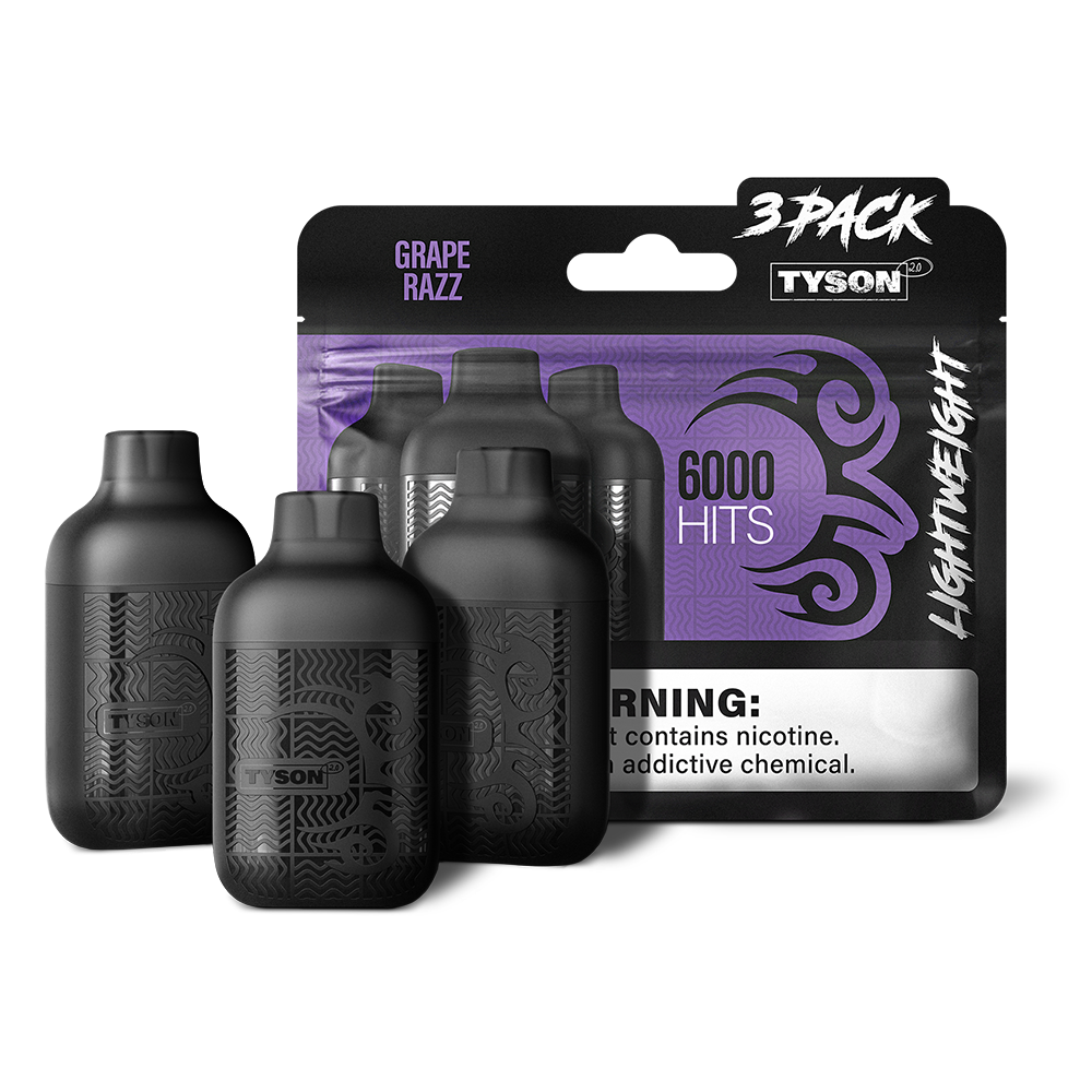 Tyson 2.0 Lightweight Disposable | 6000 Puffs | 50mg | (12mL 3-Pack) | Grape Razz with packaging