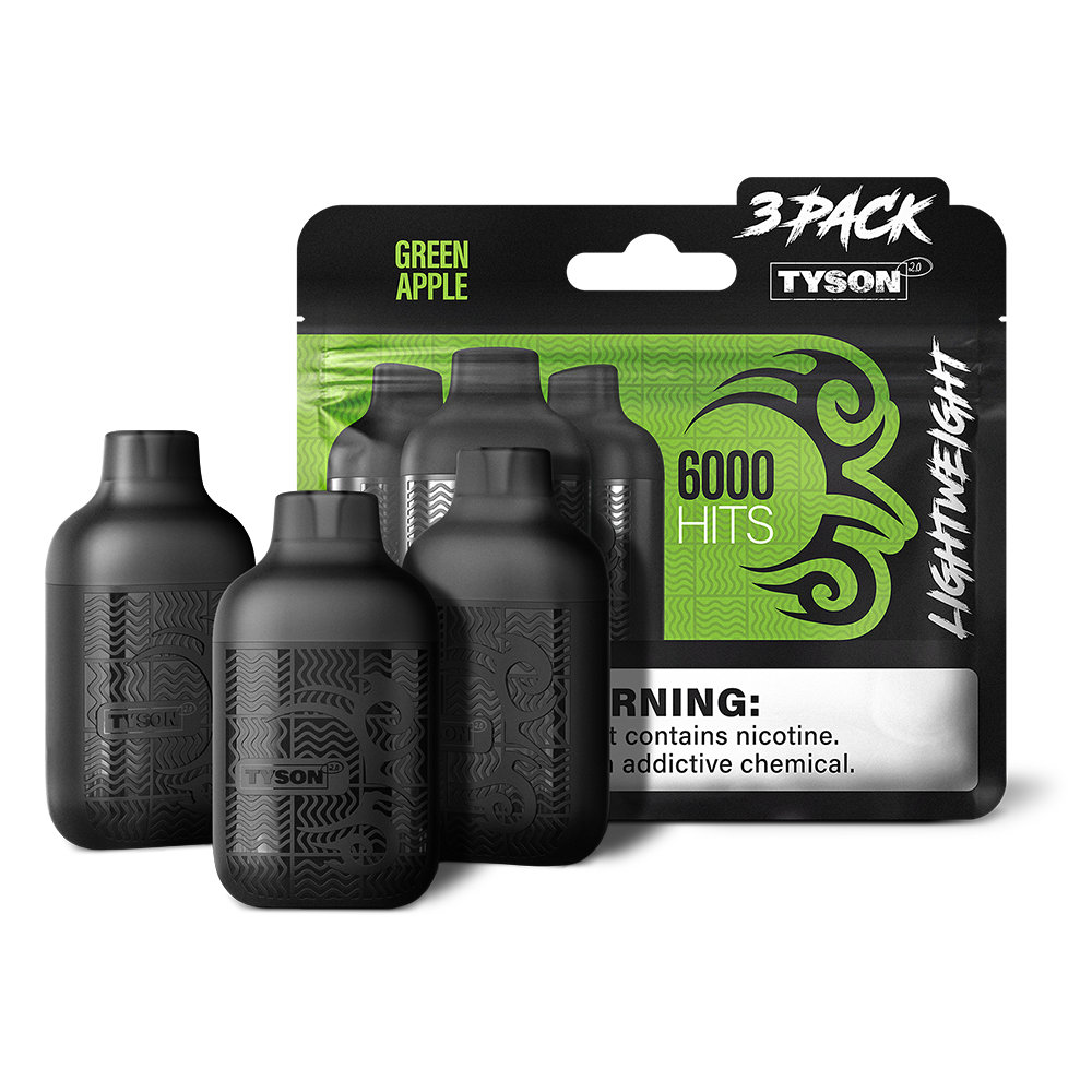 Tyson 2.0 Lightweight Disposable | 6000 Puffs | 50mg | (12mL 3-Pack) | Green Apple with packaging
