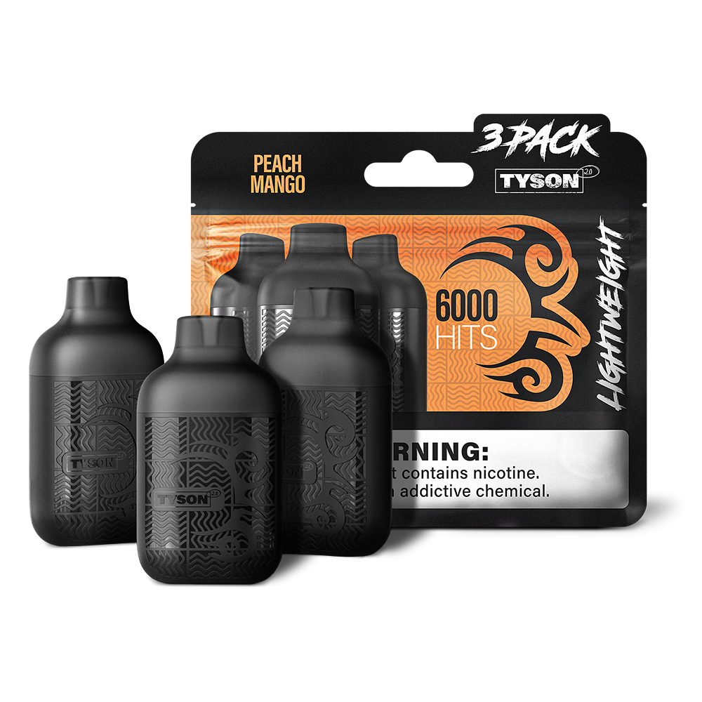 Tyson 2.0 Lightweight Disposable | 6000 Puffs | 50mg | (12mL 3-Pack) | Peach Mango with packaging