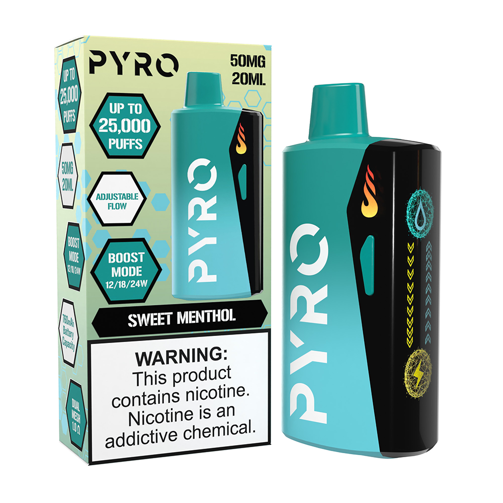 Pyro Boost Disposable | 25000 Puffs | 20mL | 50mg | Sweet Menthol with packaging