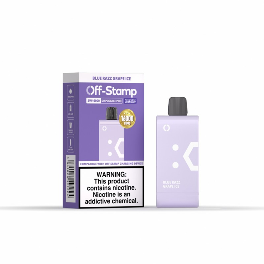 Off Stamp SW16000 Disposable | 16000 Puffs | 17mL | 50mg | (Pod Disposable Only) | Blue Razz Grape Ice with packaging