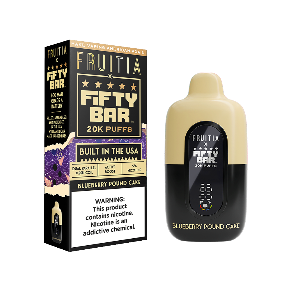 Fifty Bar Fruitia Disposable | 20000 Puffs | 16mL | 50mg | Blueberry Pound Cake with packaging