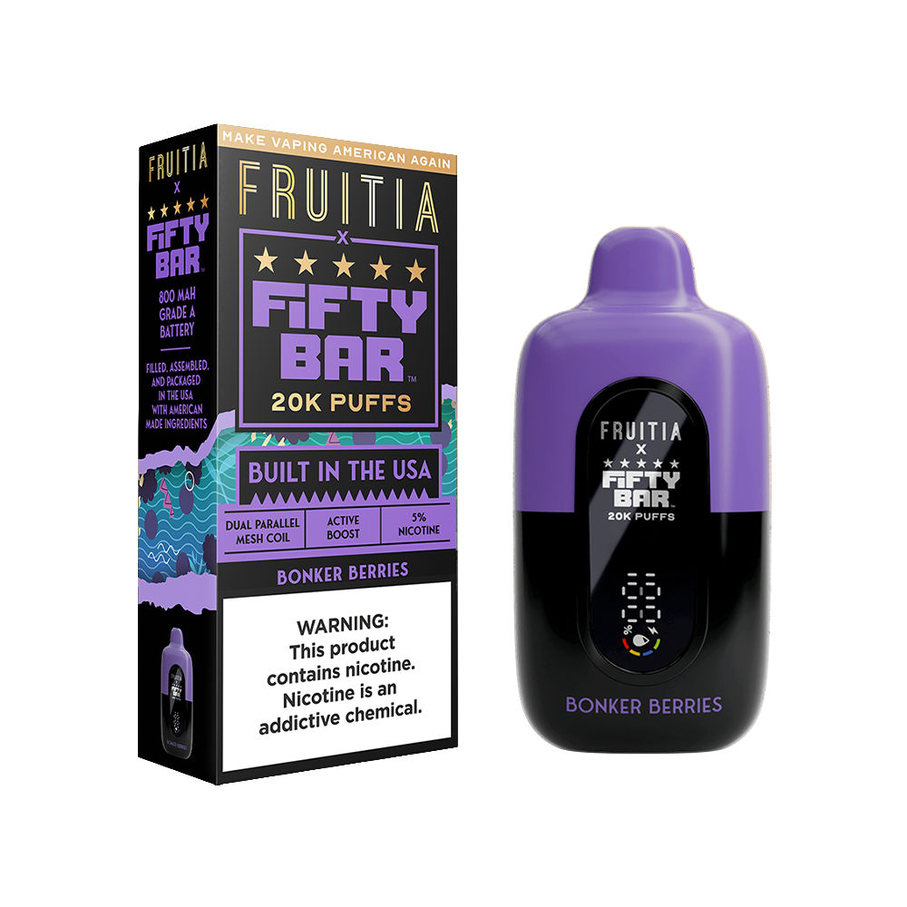 Fifty Bar Fruitia Disposable | 20000 Puffs | 16mL | 50mg | Bonker Berries with packaging
