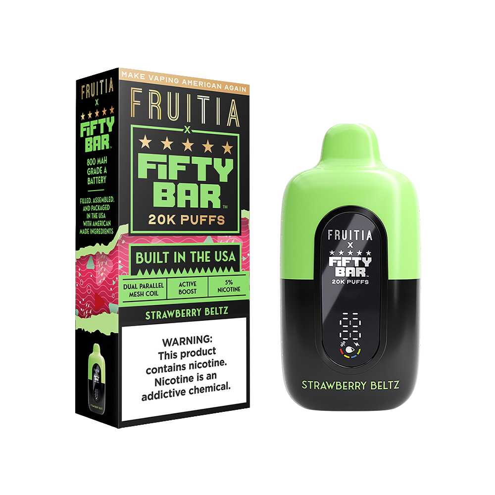 Fifty Bar Fruitia Disposable | 20000 Puffs | 16mL | 50mg | Strawberry Beltz with packaging
