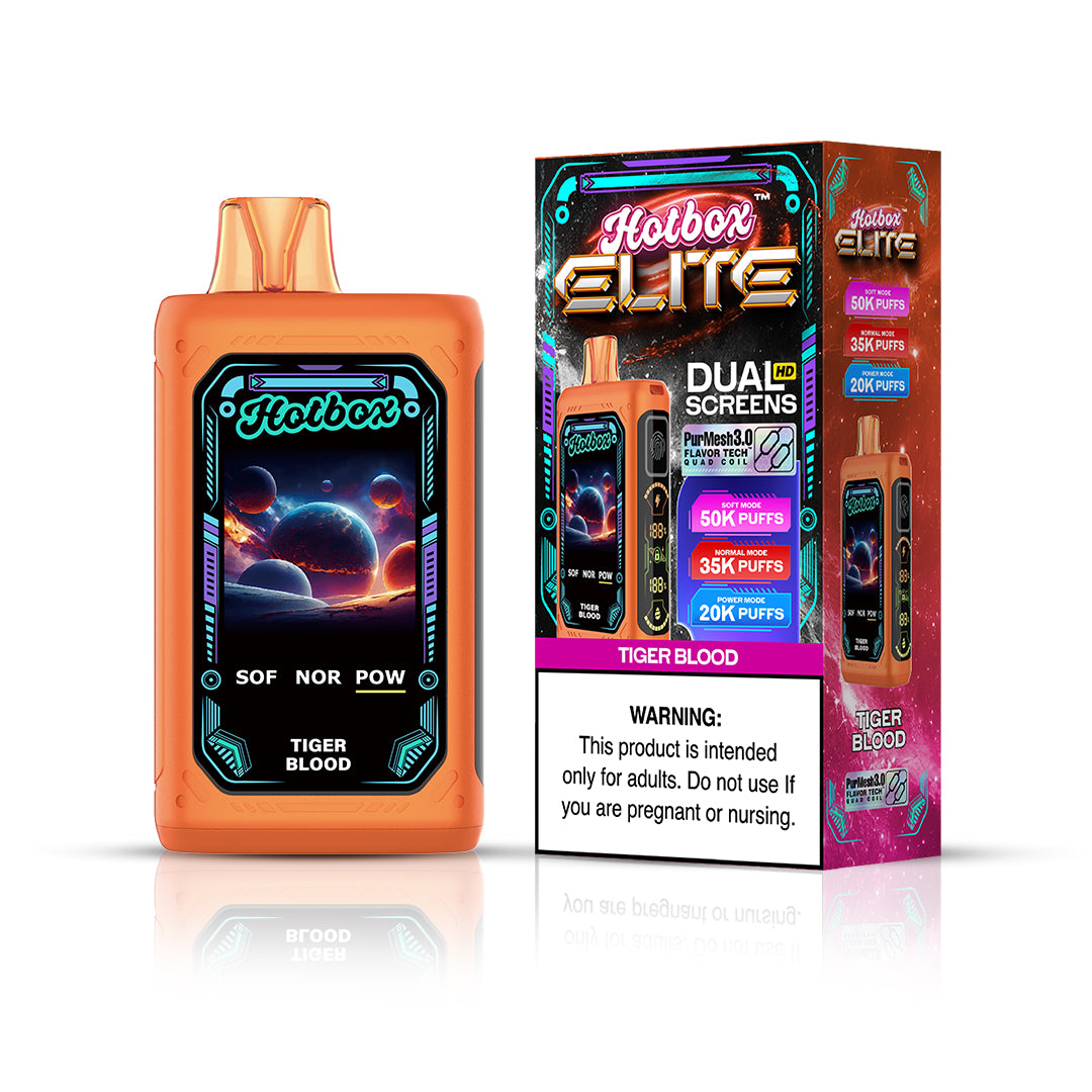 Puff Labs Hotbox Elite Disposable | 50000 Puffs | 30mL | 50mg | Tiger Blood with packaging