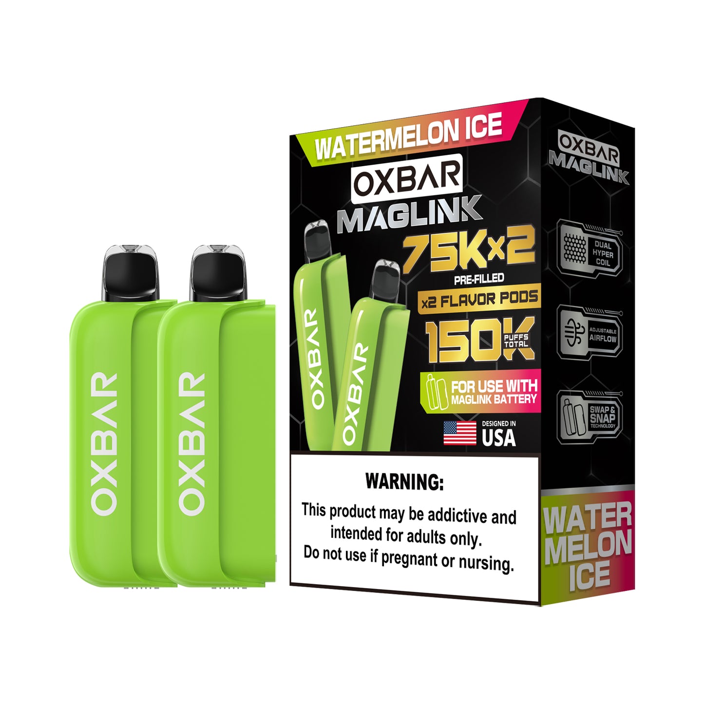 Oxbar Maglink Pods Disposable 75K Nixodine 30mL 2-Pack Watermelon Ice with Packaging
