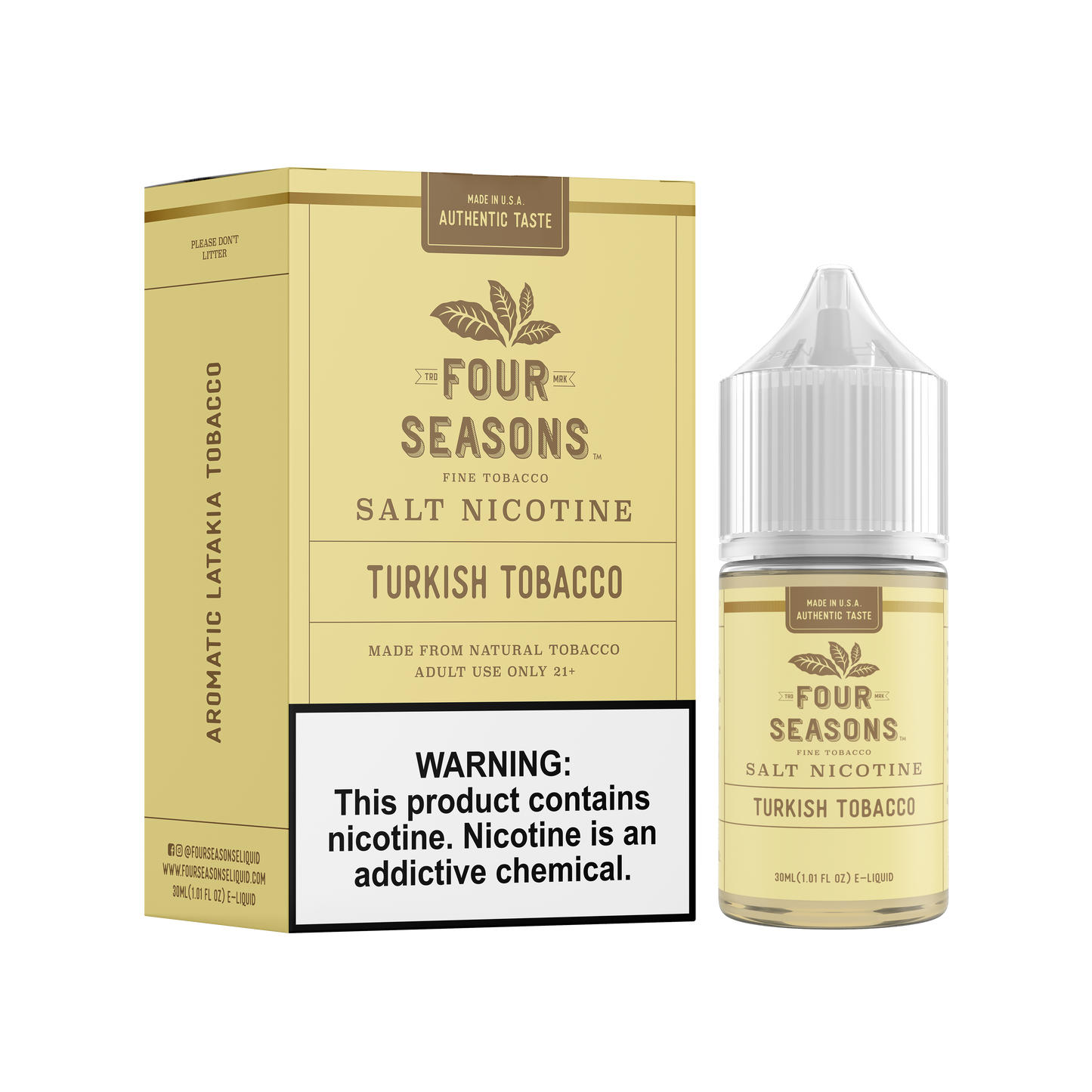 Four Seasons SALTS E-Liquid - Turkish Tobacco, 30mL with Packaging