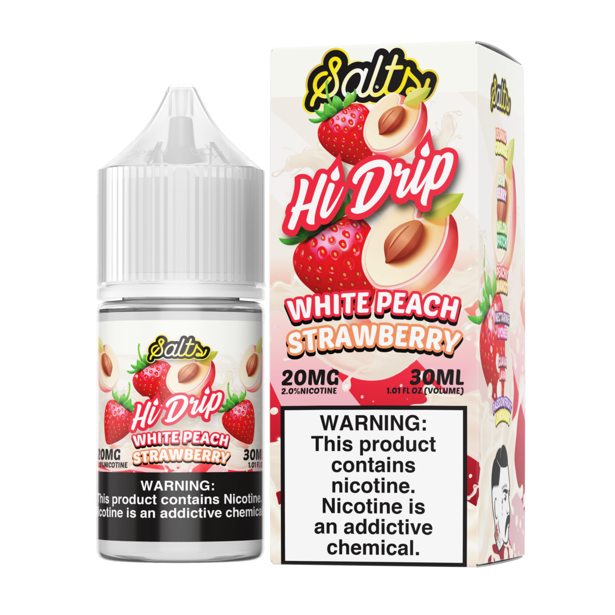 White Peach Strawberry | Hi-Drip Salts | 30ml | 20mg | bottle with packaging