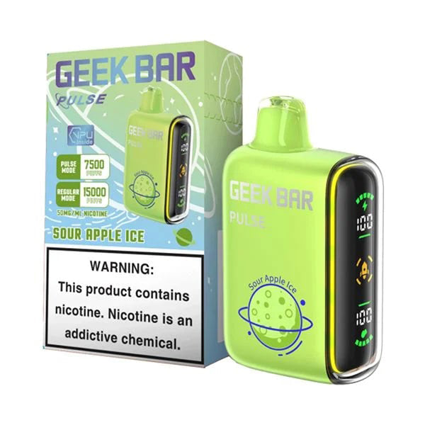 Geek Bar Pulse Disposable | 15000 Puffs | 16mL | 50mg | sour apple ice with packaging