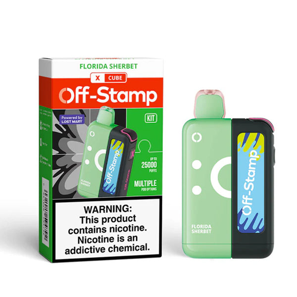 Off Stamp X Cube - 25K Puffs Disposable - 18mL 50mg (Disposable + Power Dock) | Florida Sherbet with packaging