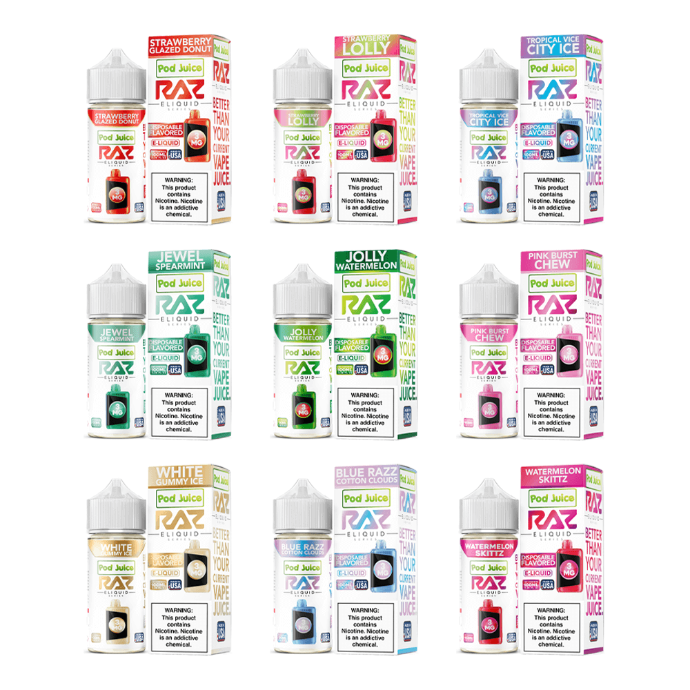 Pod Juice x RAZ - 100mL | Group Photo with Packaging 