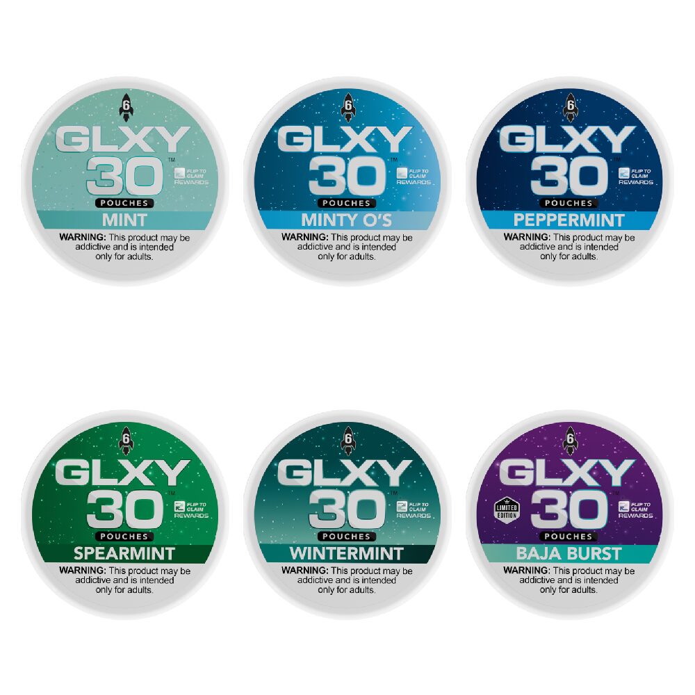 GLXY – DSPLY 5pc- Nic Pouch- 30ct Can- SAS - Group Image with packaging