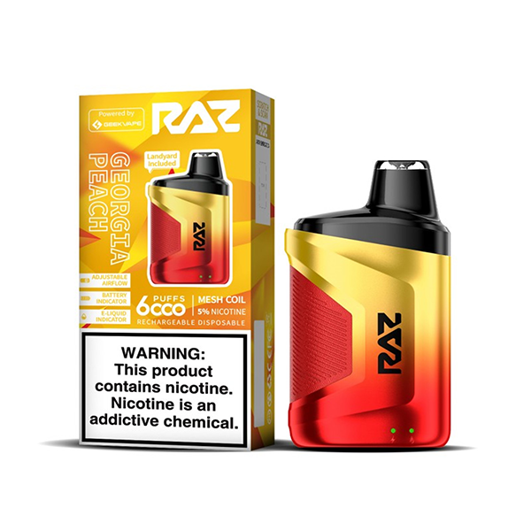 RAZ CA6000 6000 Puffs 10mL 50mg Disposable Georgia Peach with packaging