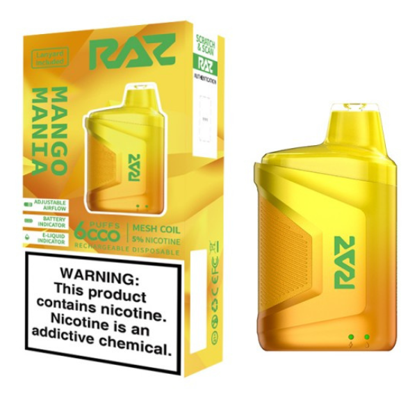 RAZ CA6000 6000 Puffs 10mL 50mg Disposable Mango Mania with packaging