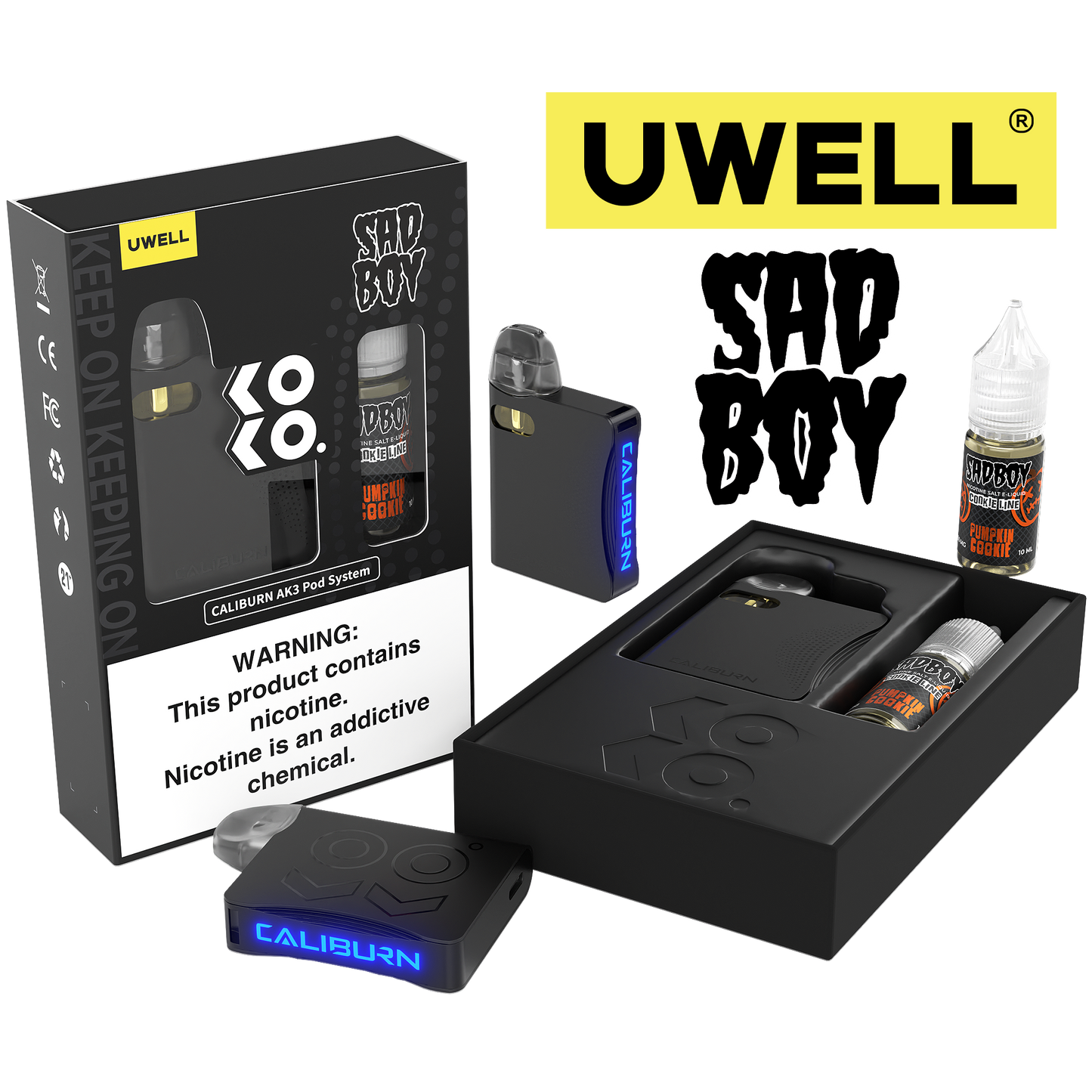 Uwell Caliburn AK3 Kit + A3S 0.8ohm Pods (x2) + Daddy's Vapor 10mL Salts 50mg Media 2 of 11 set pumpkin cookie