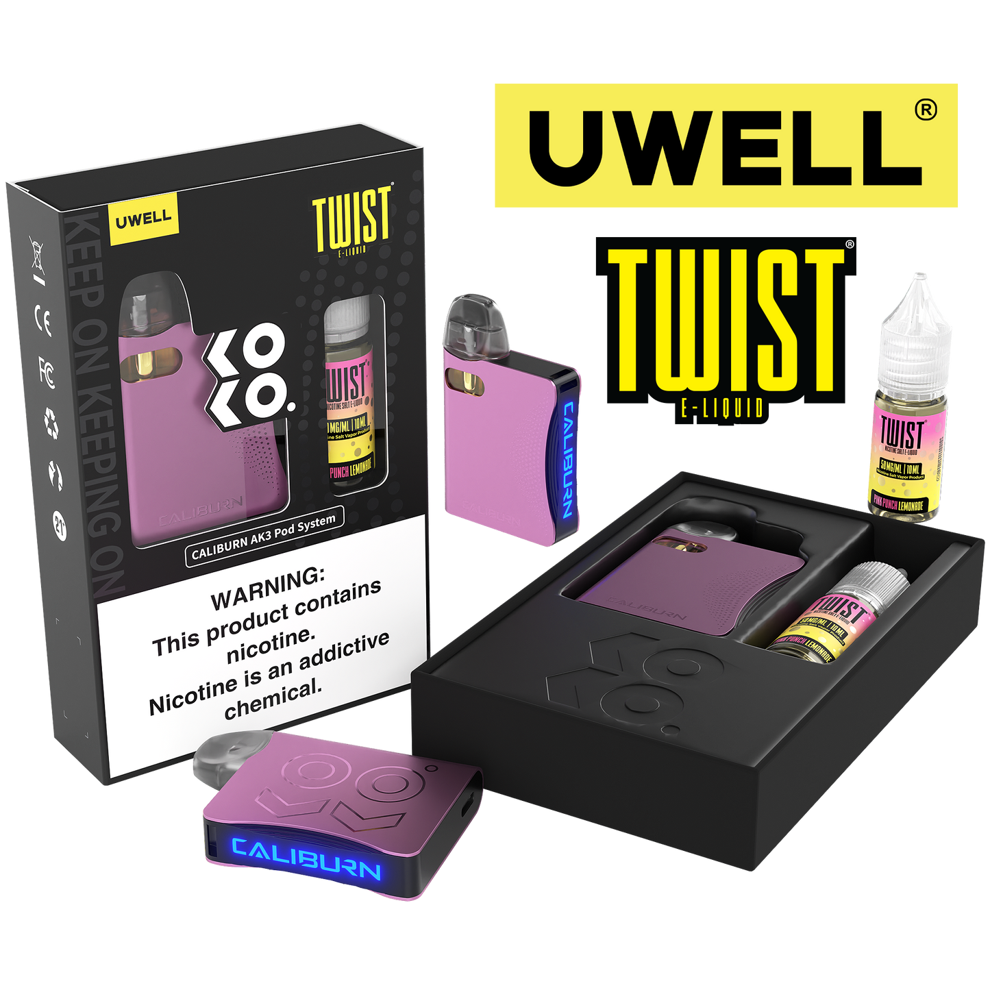 Uwell Caliburn AK3 Kit + A3S 0.8ohm Pods (x2) + Daddy's Vapor 10mL Salts 50mg set