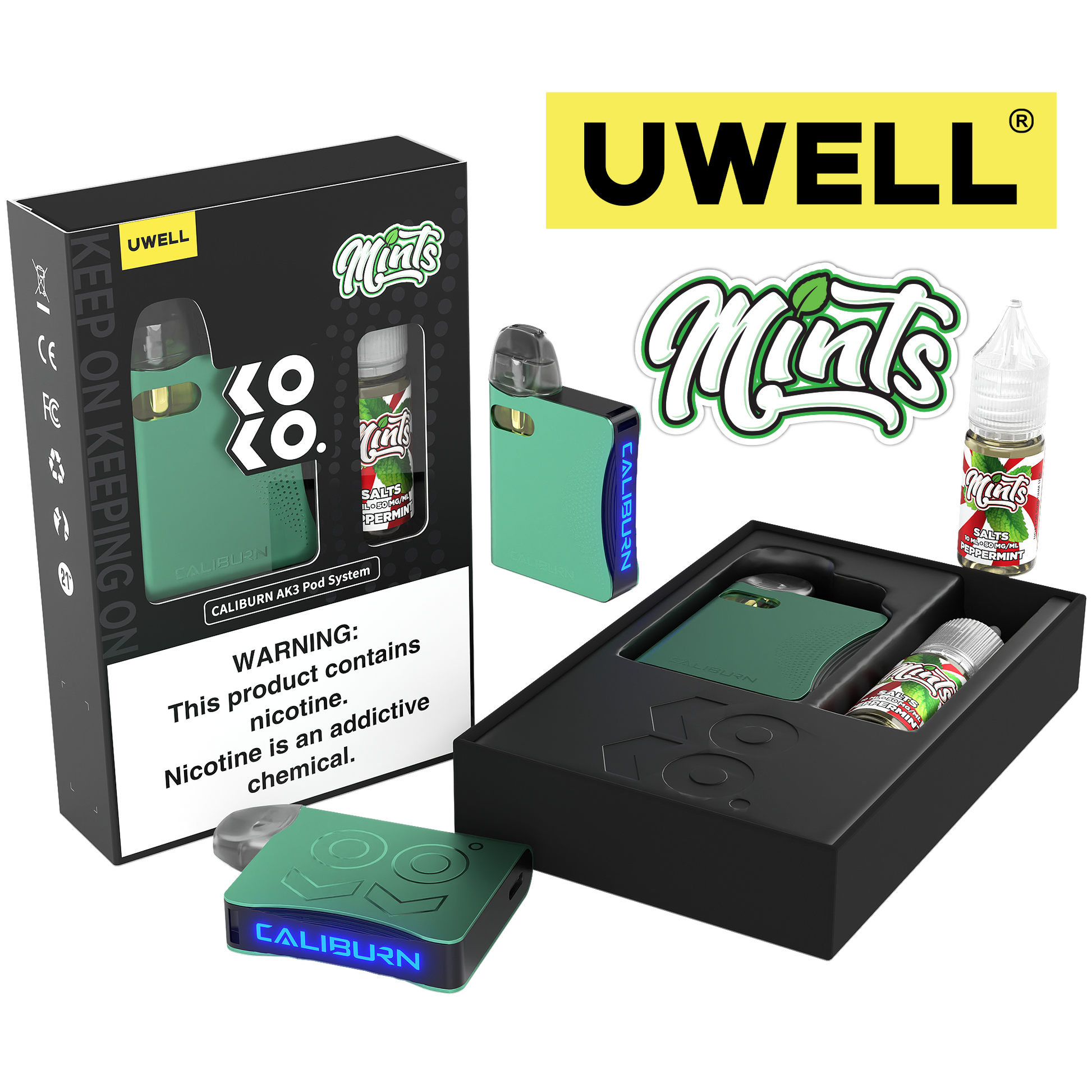 Uwell Caliburn AK3 Kit + A3S 0.8ohm Pods (x2) + Daddy's Vapor 10mL Salts 50mg set