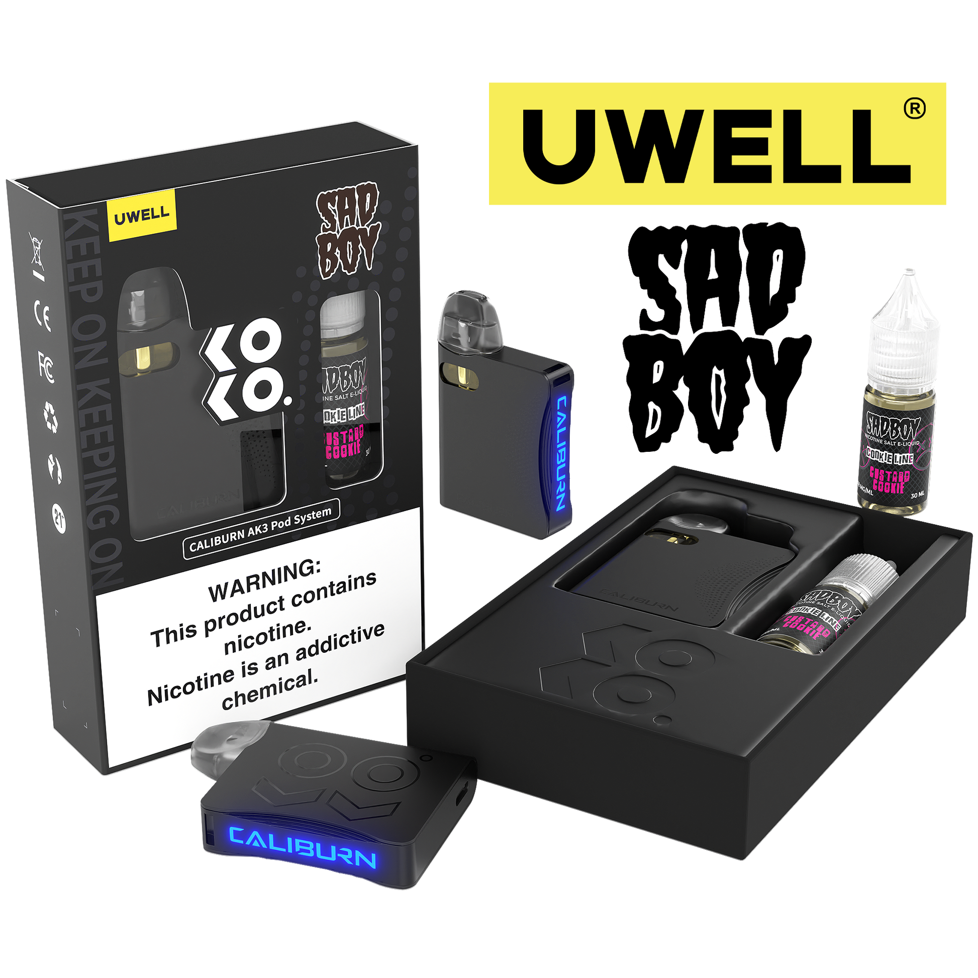 Uwell Caliburn AK3 Kit + A3S 0.8ohm Pods (x2) + Daddy's Vapor 10mL Salts 50mg set