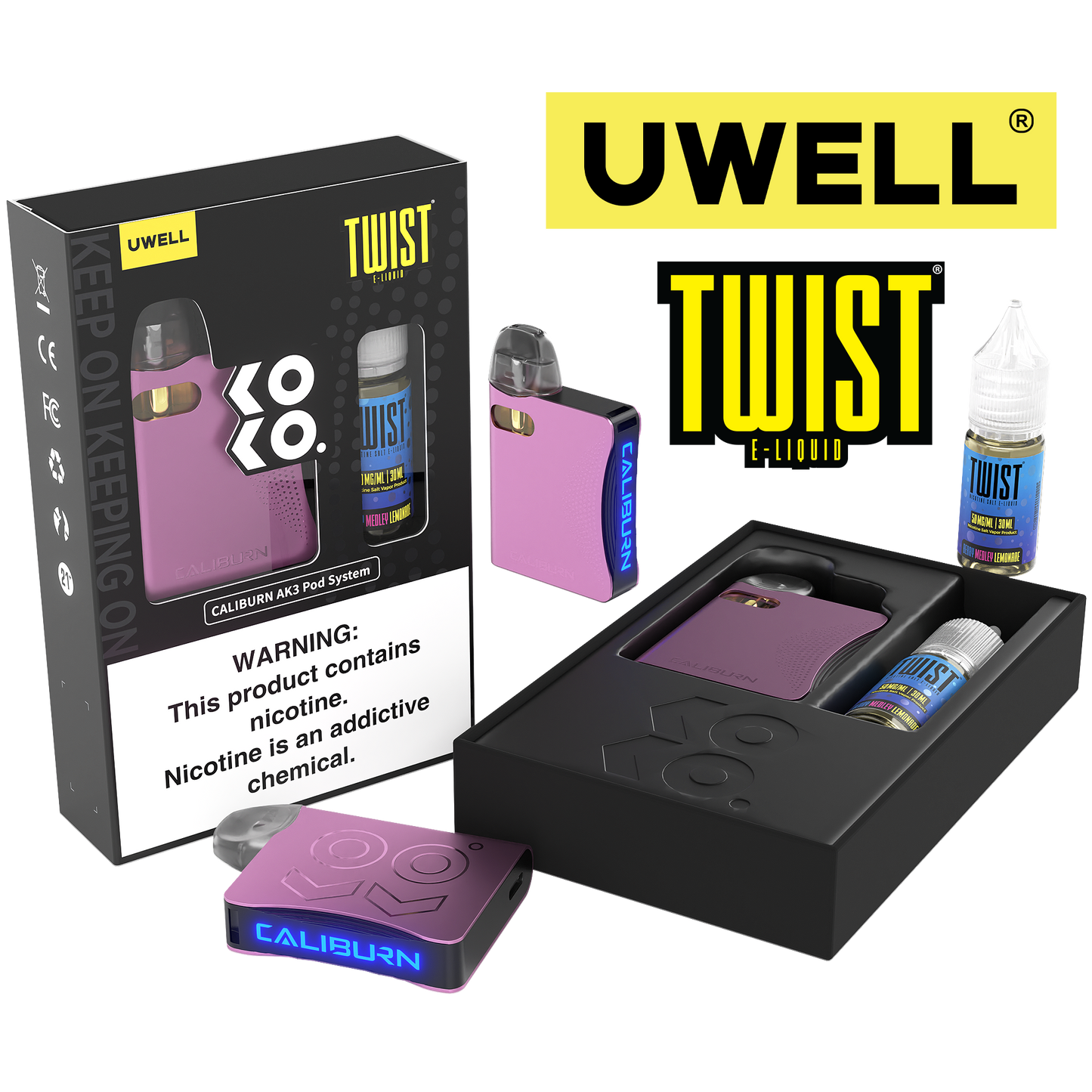 Uwell Caliburn AK3 Kit + A3S 0.8ohm Pods (x2) + Daddy's Vapor 10mL Salts 50mg set