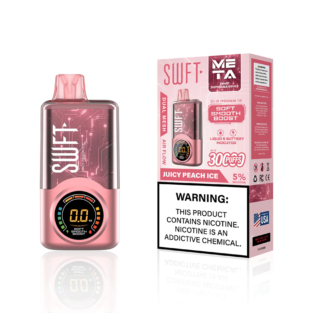 SWFT Meta - 30000 Puffs Disposable - 24mL 50mg Juicy Peach Ice with packaging