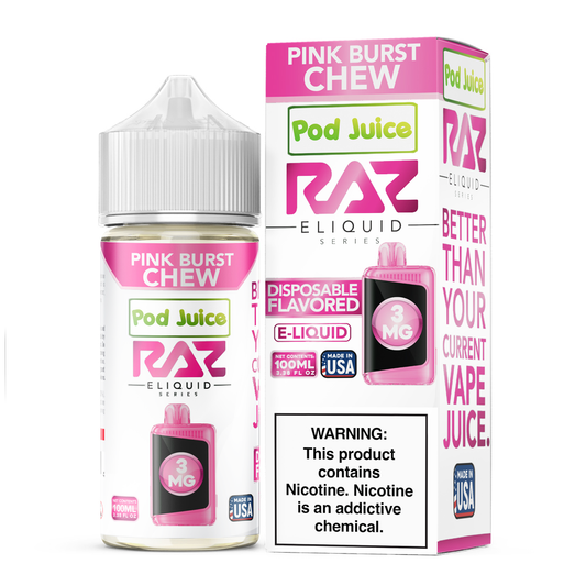 Pink Burst Chew | Pod Juice x RAZ | 100mL 3mg bottle with packaging