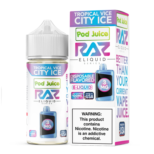 Tropical Vice City Ice | Pod Juice x RAZ | 100mL 3mg bottle with packaging