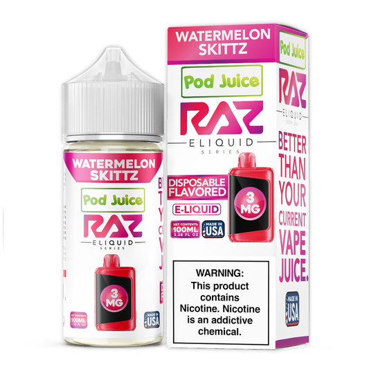 Watermelon Skittz | Pod Juice x RAZ | 100mL 3mg bottle with packaging