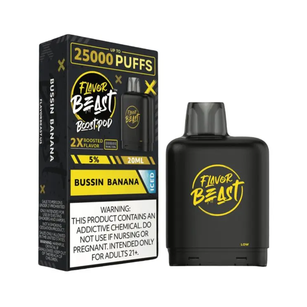 Flavor Beast Level X Boost Pods (1pc) - 25000 Puffs Disposable - 20mL 50mg - Bussin Banana with packaging