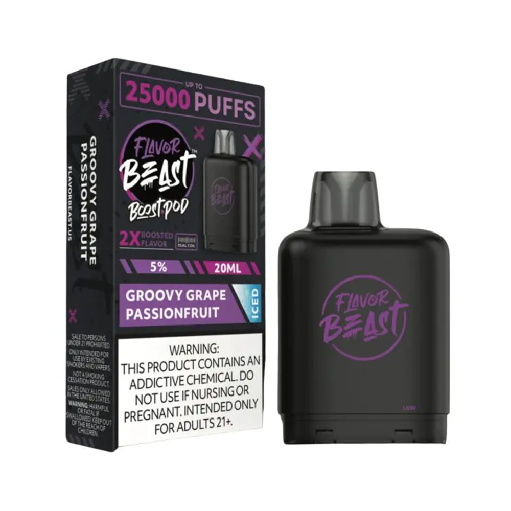 Flavor Beast Level X Boost Pods (1pc) - 25000 Puffs Disposable - 20mL 50mg - Groovy Grape Passionfruit Iced with packaging