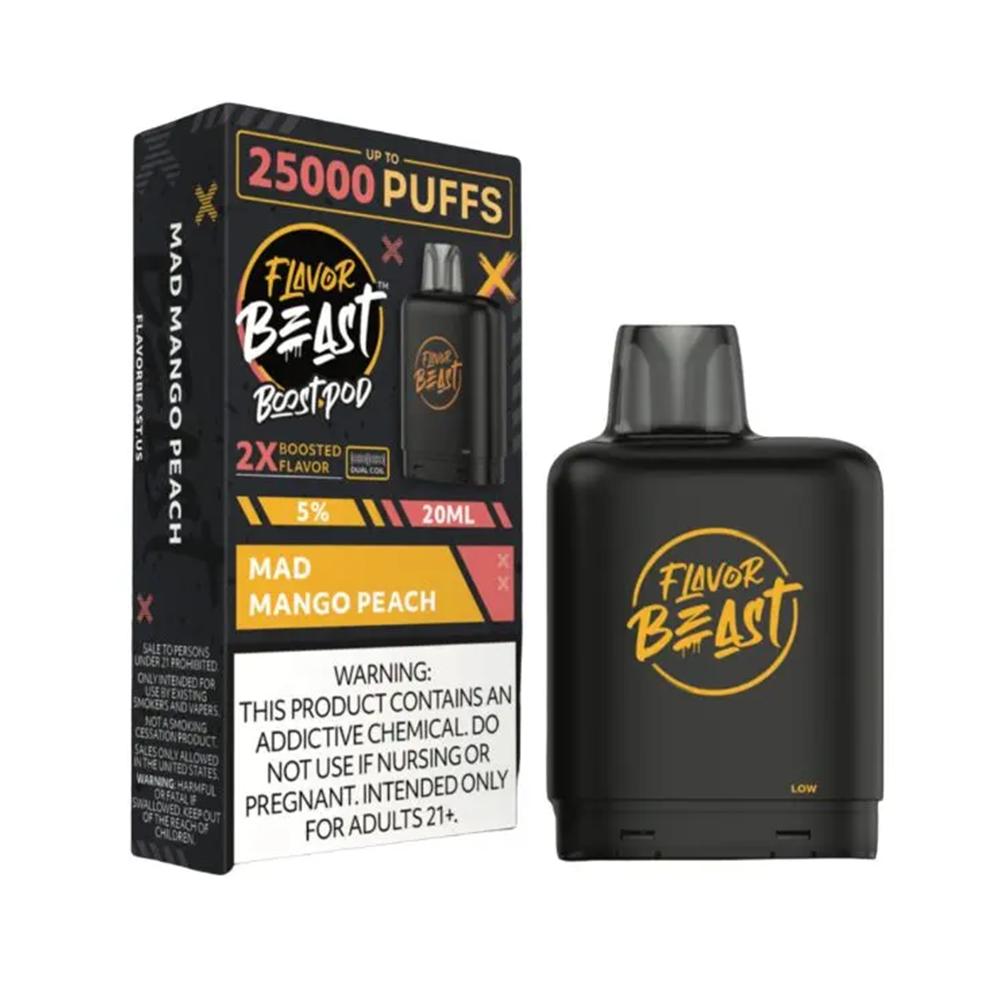 Flavor Beast Level X Boost Pods (1pc) - 25000 Puffs Disposable - 20mL 50mg - Mad Mango Peach with packaging