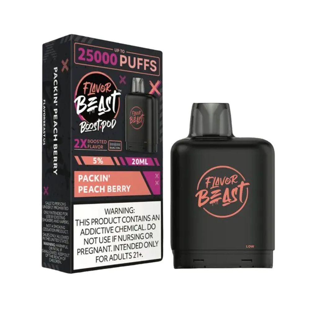 Flavor Beast Level X Boost Pods (1pc) - 25000 Puffs Disposable - 20mL 50mg - Packin' Peach Berry with packaging