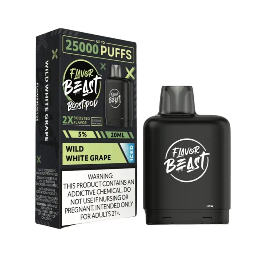 Flavor Beast Level X Boost Pods (1pc) - 25000 Puffs Disposable - 20mL 50mg - Wild White Grape Iced with packaging