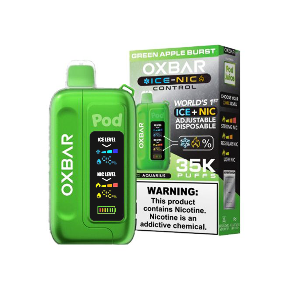 Oxbar Ice+Nic Control Pod Juice Edition - 35000 Puffs Disposable - 14mL 50mg | Green Apple Burst with packaging