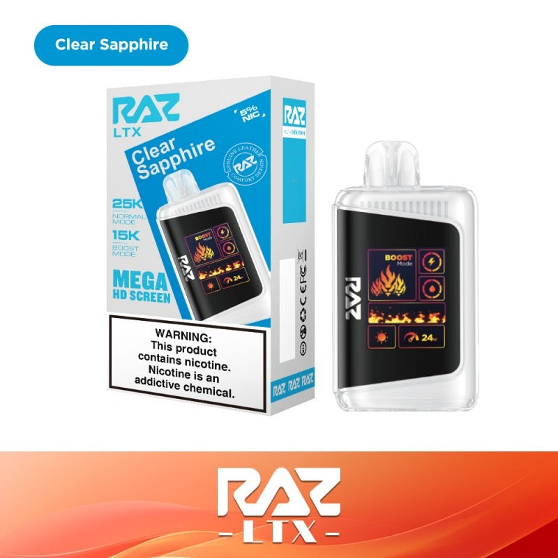 RAZ LTX - 25000 Puffs Disposable - 16mL 50mg - Clear Sapphire with packaging